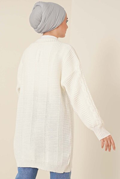 benguen 6999 Knitted Patterned Front Buttoned Cardigan Ecru