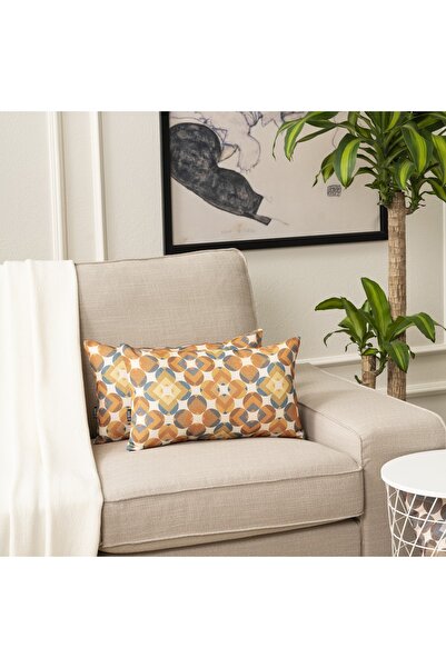 TOSHE Mustard-turquoise-tile Mix Single Linen Woven Throw Pillow Cover, Decorative Throw Pillow