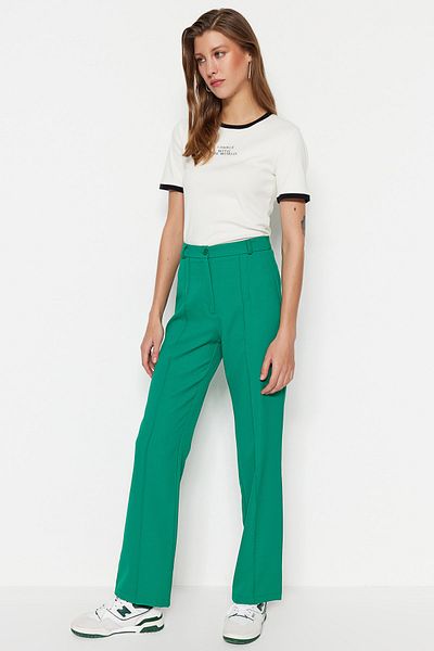 Trendyol Collection Smaragdgrüne, gerade geschnittene, gerippte, genähte Webhose mit hoher Taille TWOSS21PL0093