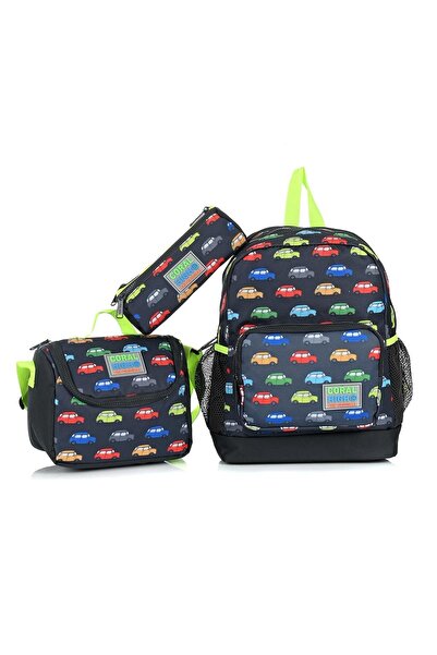 Coral High 23324 Car Patterned Two-Compartment 3-Piece Kindergarten Bag Set