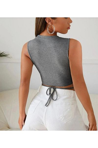 PRAGCO Women's Gray Cross Tie Crop Top Bustier