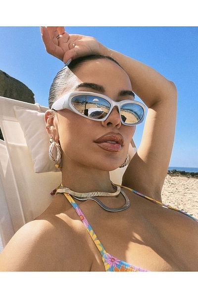LOOKUP نظارة شمسية نسائية من الزجاج العاكس - حماية من الأشعة فوق البنفسجية 400 باللون الفضي البيضاوي