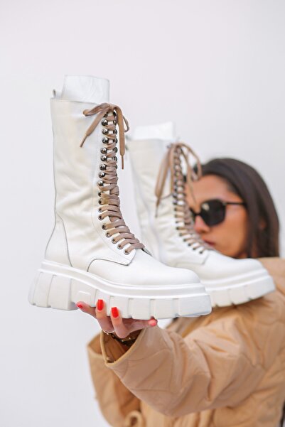 Rugano Katte Doğal Deri Materyal Kauçuk Taban Beyaz Renk Postal R133