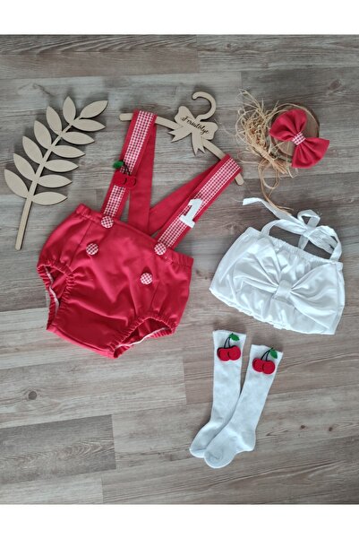 Feriatolye Kiraz Konsepti Kız Bebek Pasta Patlatma Kostümü (romper Crop Corap...