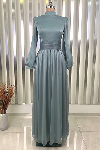 Rana Zenn Mint Balon Kol Şifon Afra Abiye