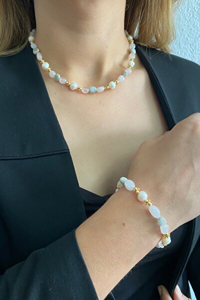 Suerte Accessories Pink Quartz Aquamarine Natural Stone Mallorcan Pearl Handmade Special Design Necklace and Bracelet Combination