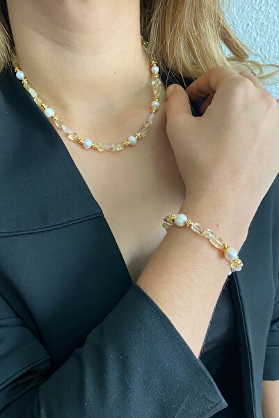 Suerte Accessories Citrine (MONEY MAGNET) Natural Stone Mayorka (MAJORICA) Pearl Handmade Necklace and Bracelet Combination