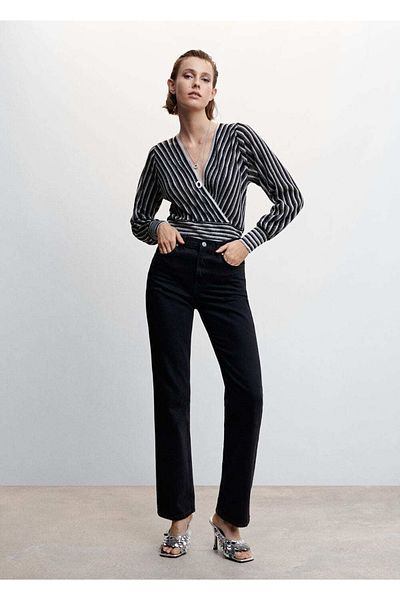 MANGO Woman Zweireihiger Pullover mit Streifen und Kragen
