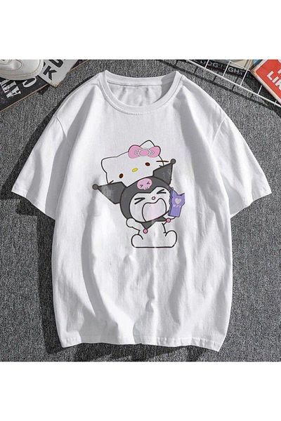 Touz Moda Μπλουζάκι Dompuleri Fashion Kuromi & Hello Kitty Λευκό Unisex Oversize