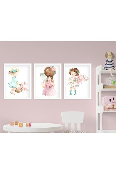 Ya&mu Tablosetleri 3 Adet 33 X 45cm Büyük Boy Ahşap Beyaz Çerçeveli Bebek, Çocuk Odası Tablo Seti