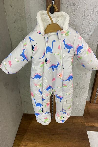 PODİUM GİYİM Trend New Season Cute Dinosaur Flower/Leaf Patterned Welsoft Cosmonaut-Jumpsuit with Booties
