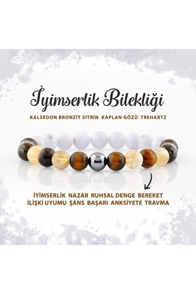 Deniz Doğal Taş Sertifikalı Iyimserlik Doğal Taş Bileklik Kalsedon Bronzit Sitrin Kaplan Gözü Trehartz 8mm B0013