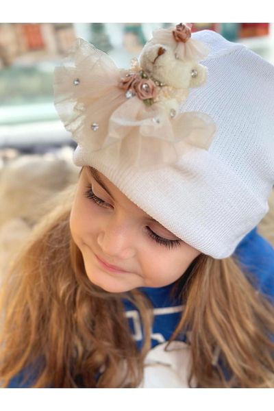 QUEEN AKSESUAR Special Design Luxury 3D Dimensional Toy Ornate Plush Teddy Bear Crystal Stone Beret Cream White Bear Hat