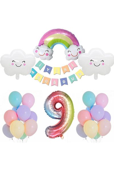 Patladı Gitti Rainbow Cloud Concept 9 Year Old Birthday Party Celebration Set