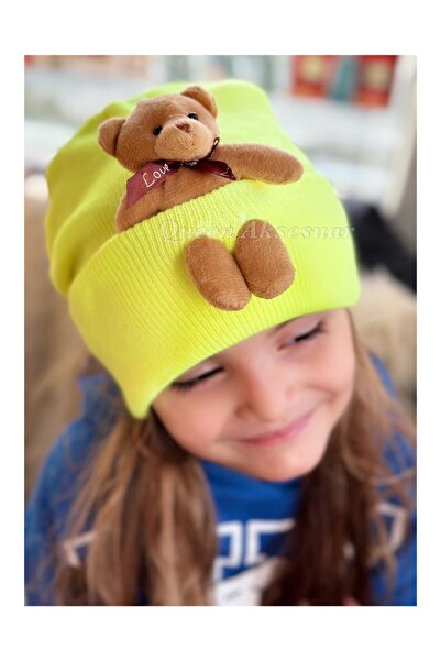 QUEEN AKSESUAR Trend Moda Özel Tasarım Peluş Ayıcıklı Yetişkin Erkek Kız Unisex Çocuk Ayı Şapka Bere Neon Sarı