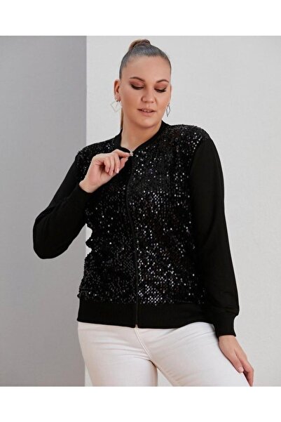 wearon tekstil Kadın Pul Payet Siyah Fermuarlı Hırka 52-749