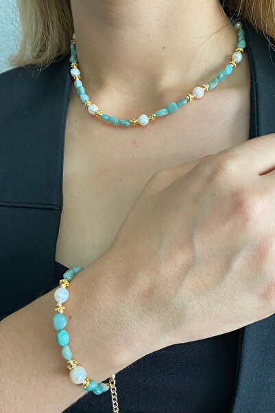 Suerte Accessories Tımbıl Aquamarine Natural Stone Mallorcan Pearl Handmade Special Design Bracelet and Necklace Combination