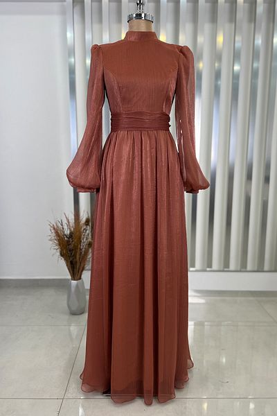 Rana Zenn Copper Balloon Sleeve Chiffon Afra Evening Dress
