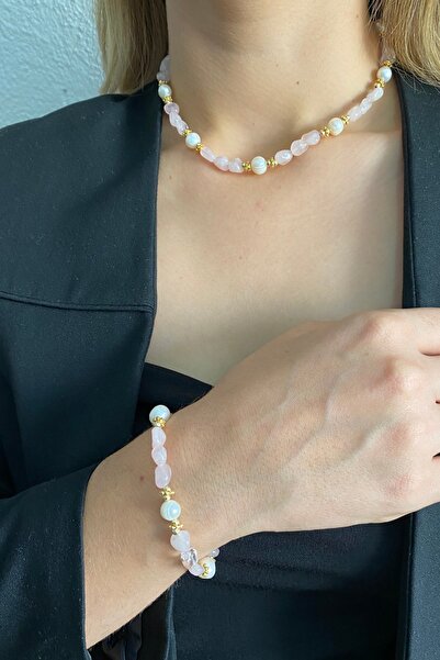 Suerte Accessories Tımbıl Pink Quartz Natural Stone Mayorka Pearl Handmade Special Design Necklace and Bracelet Combination