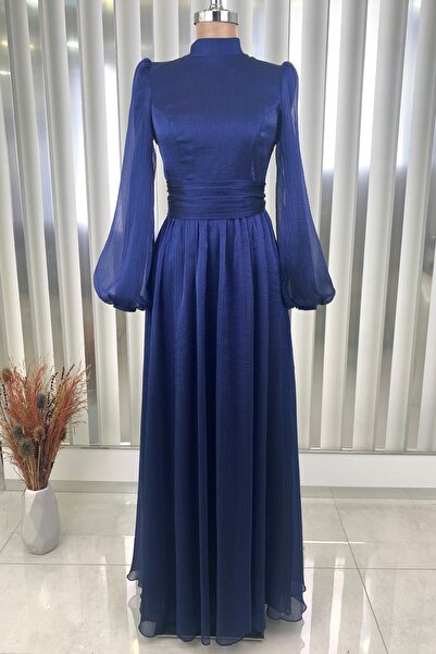 Rana Zenn Lacivert Balon Kol Şifon Afra Abiye