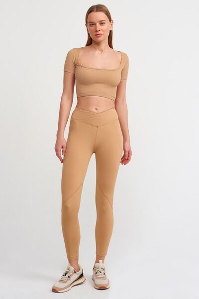 Dilvin 3666 U Neck Short Sleeve Crop Top-camel