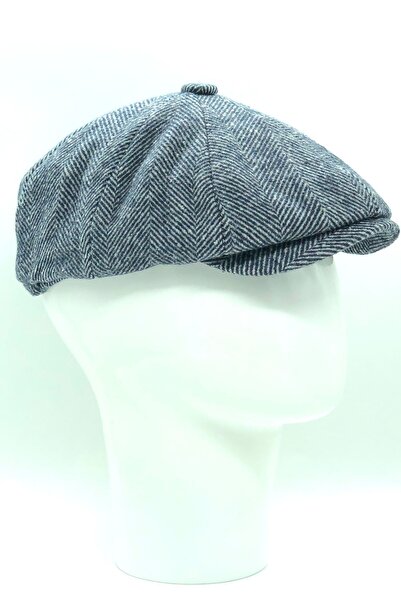 Hoppe Kışlık Yünlü Mavi Balıksırtı Desenli 8 Parçalı Ingiliz Stili Peaky Blinders Kasket Şapka