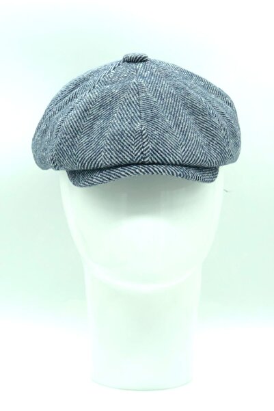 Hoppe Kışlık Yünlü Mavi Balıksırtı Desenli 8 Parçalı Ingiliz Stili Peaky Blinders Kasket Şapka