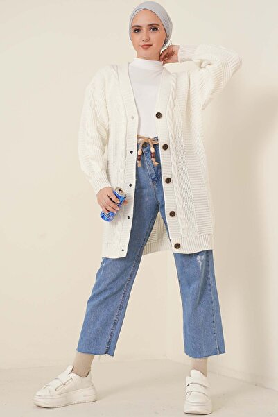 benguen 6999 Knitted Patterned Front Buttoned Cardigan Ecru