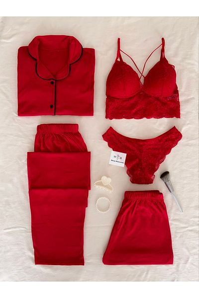 MH Moony Homewears Red Dreams 5-Piece Seasonal Combed Cotton Pajamas Underwear Dowry Set