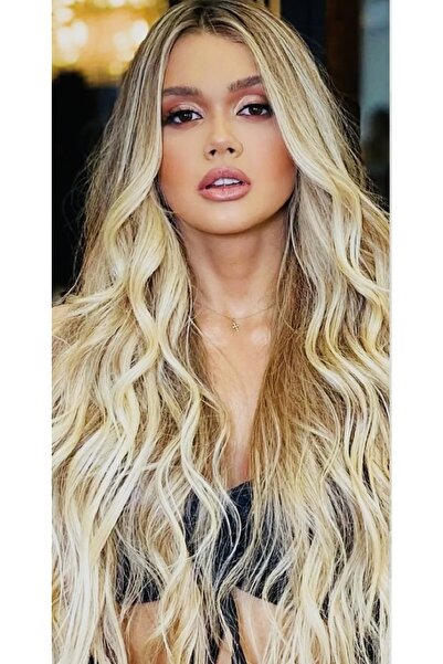 Makromehome Kumral Platin Ombreli Afro Dalgalı Uzun Yarım Ay Saç – 3 Parça Çı...