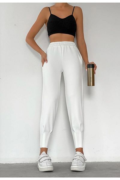 alenmoda Women's White High Waist Pleated Trousers