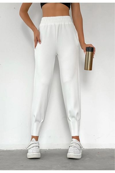 alenmoda Women's White High Waist Pleated Trousers