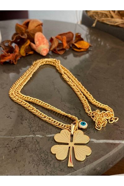 X-Lady Accessories New Season Clover Necklace with Evil Eye Bead Detail on Gold Color Crush Chain - 2173