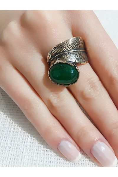 kapris concept Green Agate Leaf Figured Retro Copper Ring