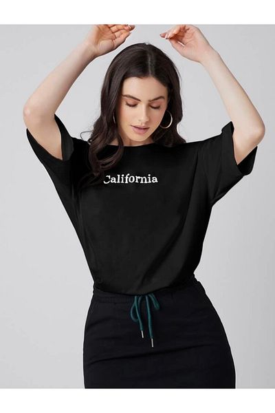 Josette Μπλουζάκι Unisex Μαύρο Καλιφόρνια με στάμπα Crew Neck Oversize
