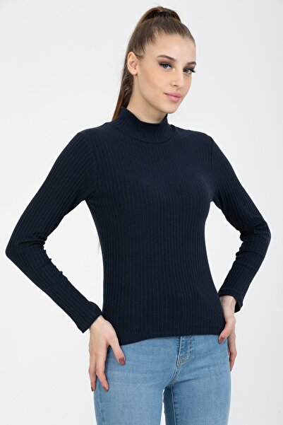 MERİCEY Bluză de damă bleumarin cu nervuri pe jumătate cu gât țesut