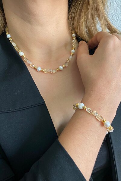Suerte Accessories Citrine (MONEY MAGNET) Natural Stone Mayorka (MAJORICA) Pearl Handmade Necklace and Bracelet Combination