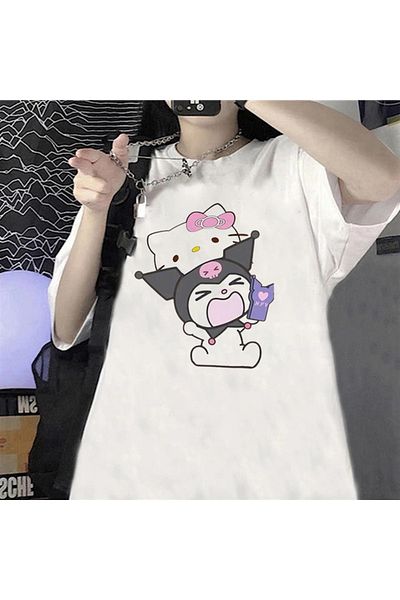 Touz Moda Μπλουζάκι Dompuleri Fashion Kuromi & Hello Kitty Λευκό Unisex Oversize