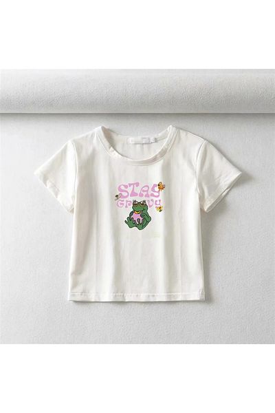 Touz Stay Groovy Frog Printed White Crop - Zolid Wear