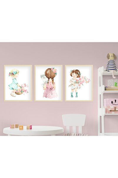 Ya&mu 3 Adet 33 X 44cm Büyük Boy Ahşap Beyaz Çerçeveli Bebek, Çocuk Odası Tab...