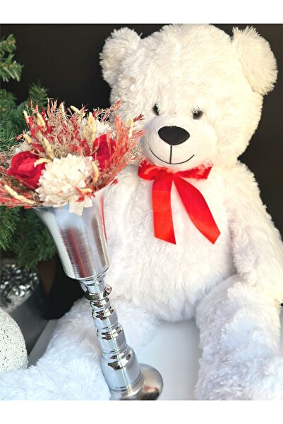 QUEEN AKSESUAR Dev Oyuncak Beyaz Peluş Ayıcıklı Lüks Büyük Metal Vazolu Yapay...