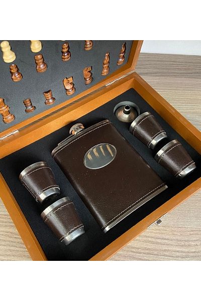 hediyeconcepti Stainless Steel Flask Set - Drink Whiskey, Alcohol and Cognac Flask, Chess