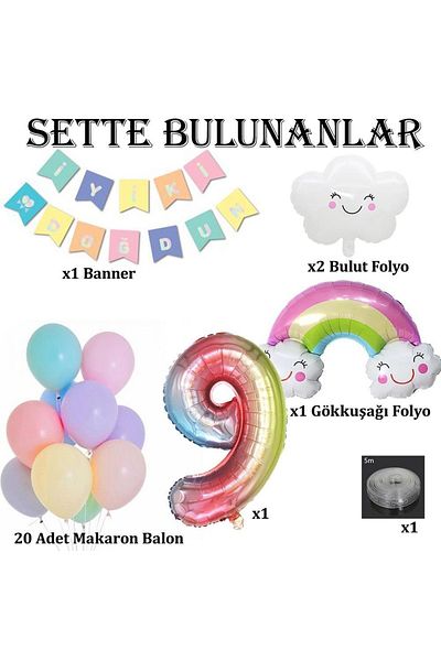 Patladı Gitti Rainbow Cloud Concept 9 Year Old Birthday Party Celebration Set