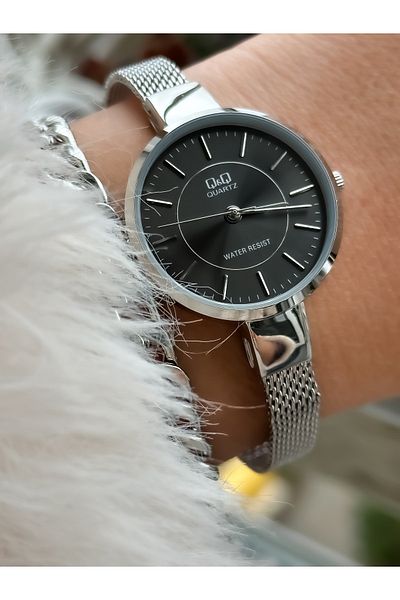 Q&Q Brand Steel Mesh Thin Cord Waterproof Silver Color Women's Wristwatch + Bracelet