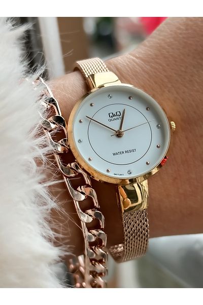 Q&Q Brand Steel Mesh Thin Cord Waterproof Rose Color Women's Wristwatch + Bracelet