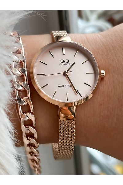 Q&Q Brand Steel Mesh Thin Strap, Waterproof, Rose Color Women's Wristwatch+bracelet