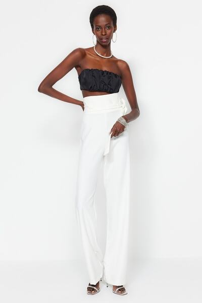 Trendyol Collection Ecru Belted Wide Leg Woven Bridal Trousers TPRSS23PL00020