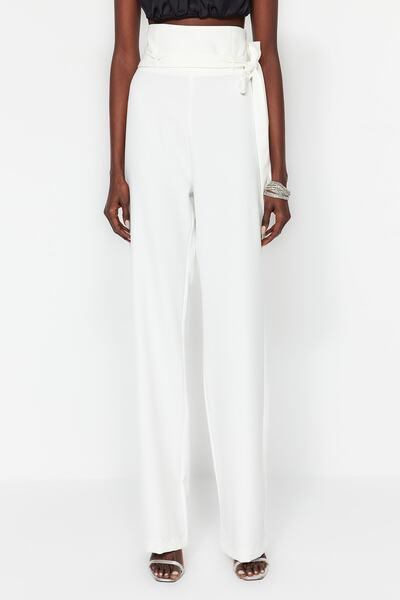 Trendyol Collection Ecru Belted Wide Leg Woven Bridal Trousers TPRSS23PL00020