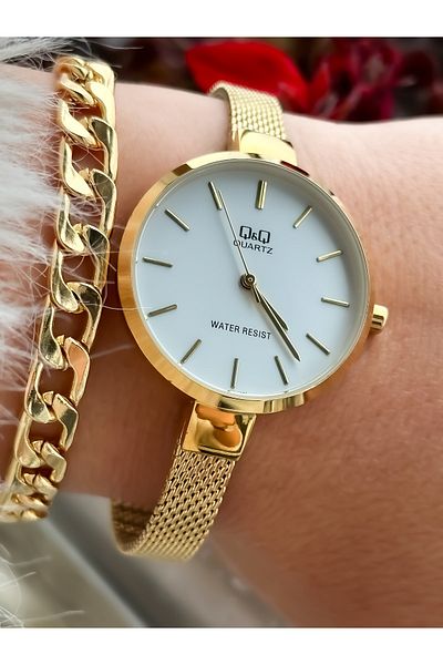 Q&Q Brand Steel Mesh Thin Strap, Waterproof, Gold Color Women's Wristwatch+bracelet