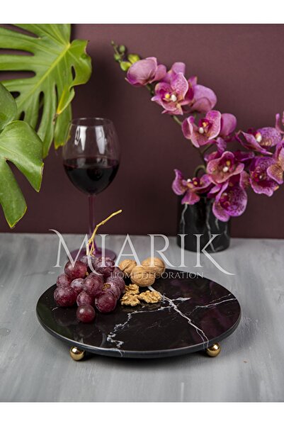 MIARIK DESIGN & DEKORASYON Dekoratıf Sıyah Mermer Yuvarlak Sunum Tabağı Tepsi...